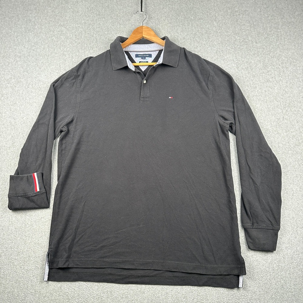 Tommy Hilfiger Polo Shirt Mens XL Classic Fit Black Long Sleeve Logo Pique